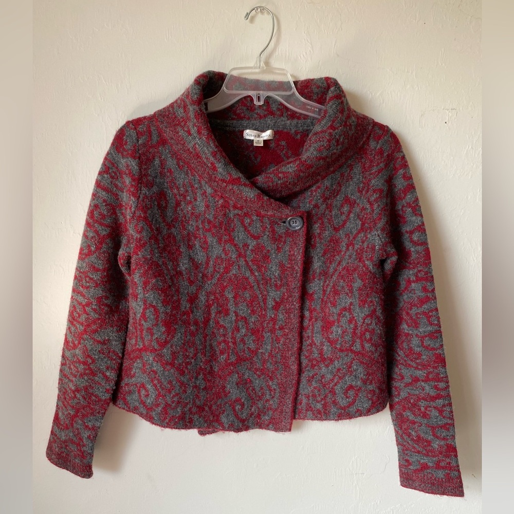 Susan Bristol Women One-Button Wool Blend Jacquard Cardigan Red & Gray-Size M